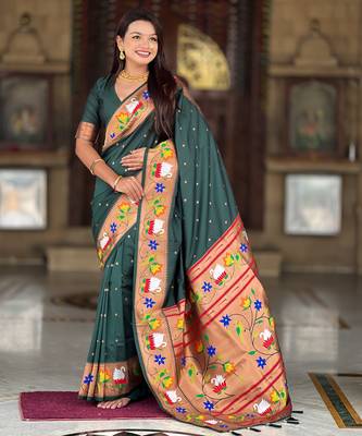 green faux banarasi silk blend saree with paithani rich weaved pallu and blouse 1