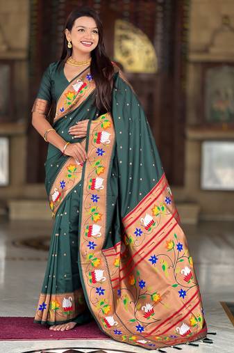 green  faux banarasi silk blend saree with paithani rich weaved pallu and blouse