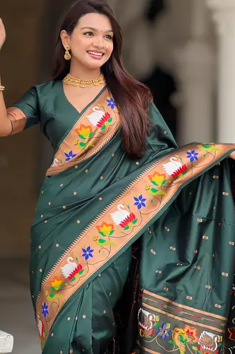 green faux banarasi silk blend saree with paithani rich weaved pallu and blouse