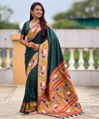 green faux banarasi silk blend saree with paithani rich weaved pallu and blouse 3
