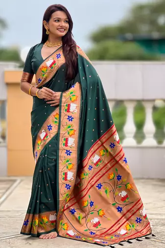 green faux banarasi silk blend saree with paithani rich weaved pallu and blouse