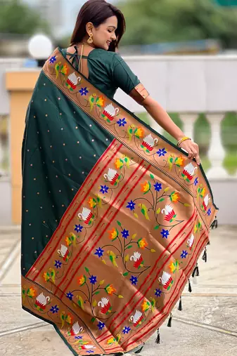 green faux banarasi silk blend saree with paithani rich weaved pallu and blouse
