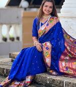 blue  faux banarasi silk blend saree with paithani rich weaved pallu and blouse