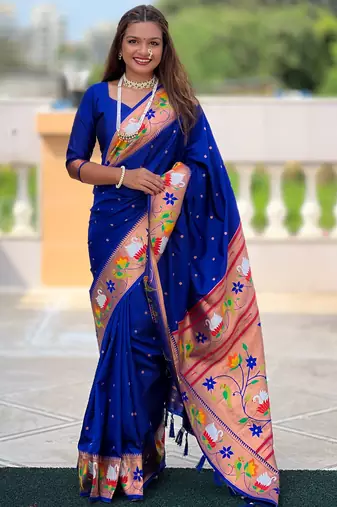 blue faux banarasi silk blend saree with paithani rich weaved pallu and blouse