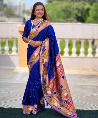 blue faux banarasi silk blend saree with paithani rich weaved pallu and blouse 3