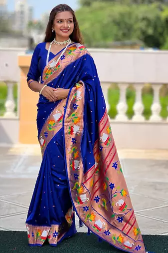 blue faux banarasi silk blend saree with paithani rich weaved pallu and blouse