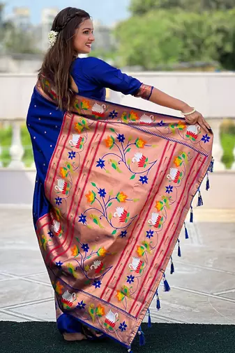 blue faux banarasi silk blend saree with paithani rich weaved pallu and blouse