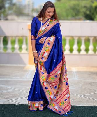 blue faux banarasi silk blend saree with paithani rich weaved pallu and blouse 5