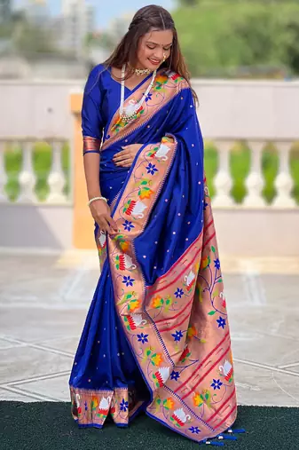 blue faux banarasi silk blend saree with paithani rich weaved pallu and blouse