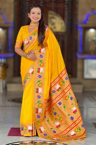 yellow faux banarasi silk blend saree with paithani rich weaved pallu and blouse