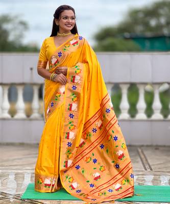 yellow faux banarasi silk blend saree with paithani rich weaved pallu and blouse 3