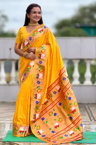 yellow faux banarasi silk blend saree with paithani rich weaved pallu and blouse