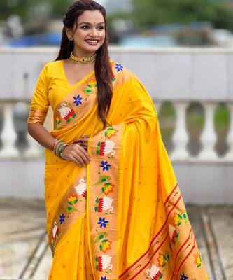 yellow faux banarasi silk blend saree with paithani rich weaved pallu and blouse 4