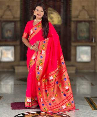 pink faux banarasi silk blend saree with paithani rich weaved pallu and blouse 1