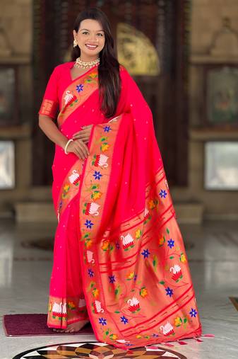 pink  faux banarasi silk blend saree with paithani rich weaved pallu and blouse