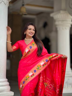 pink faux banarasi silk blend saree with paithani rich weaved pallu and blouse 2