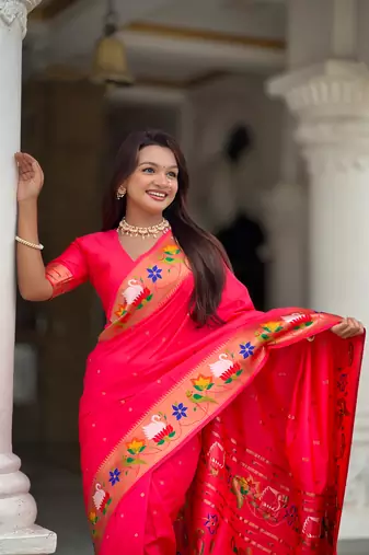 pink faux banarasi silk blend saree with paithani rich weaved pallu and blouse