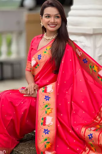 pink faux banarasi silk blend saree with paithani rich weaved pallu and blouse