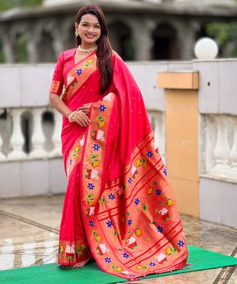 pink faux banarasi silk blend saree with paithani rich weaved pallu and blouse 5