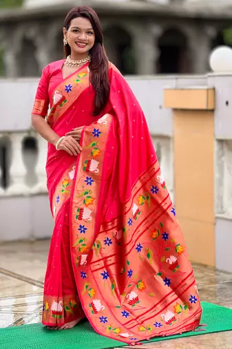 pink faux banarasi silk blend saree with paithani rich weaved pallu and blouse