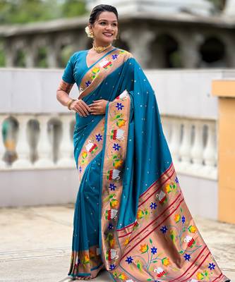 sky faux banarasi silk blend saree with paithani rich weaved pallu and blouse 2