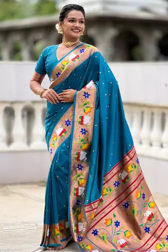 sky faux banarasi silk blend saree with paithani rich weaved pallu and blouse