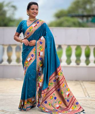 sky faux banarasi silk blend saree with paithani rich weaved pallu and blouse 3