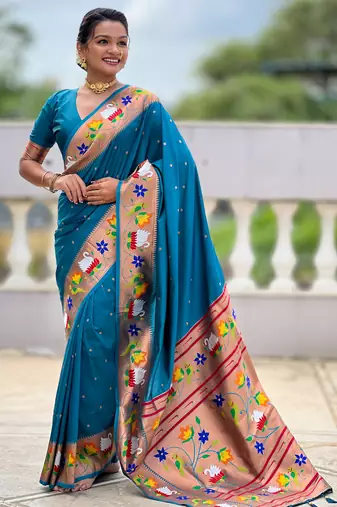 sky faux banarasi silk blend saree with paithani rich weaved pallu and blouse