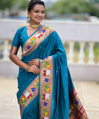 sky faux banarasi silk blend saree with paithani rich weaved pallu and blouse 4