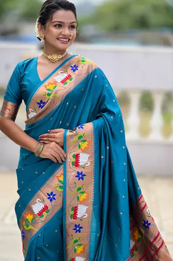 sky faux banarasi silk blend saree with paithani rich weaved pallu and blouse