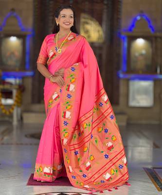 pink faux banarasi silk blend saree with paithani rich weaved pallu and blouse 1