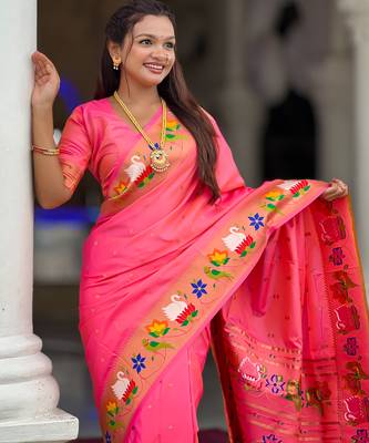 pink faux banarasi silk blend saree with paithani rich weaved pallu and blouse 2