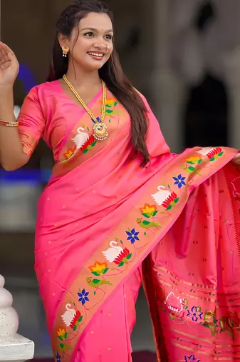 pink faux banarasi silk blend saree with paithani rich weaved pallu and blouse