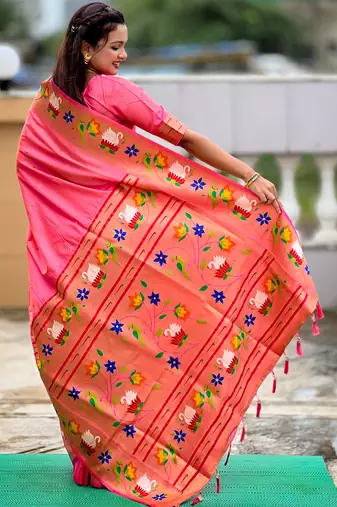 pink faux banarasi silk blend saree with paithani rich weaved pallu and blouse