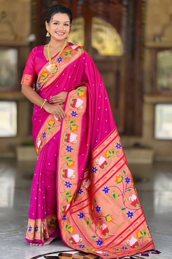 wine faux banarasi silk blend saree with paithani rich weaved pallu and blouse