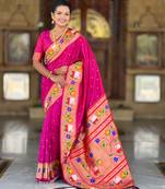 wine faux banarasi silk blend saree with paithani rich weaved pallu and blouse