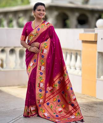wine faux banarasi silk blend saree with paithani rich weaved pallu and blouse 2