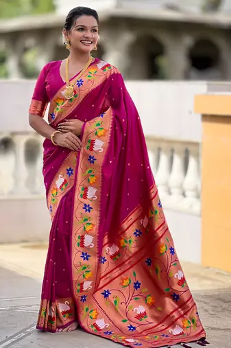 wine faux banarasi silk blend saree with paithani rich weaved pallu and blouse