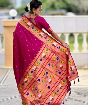 wine faux banarasi silk blend saree with paithani rich weaved pallu and blouse 4