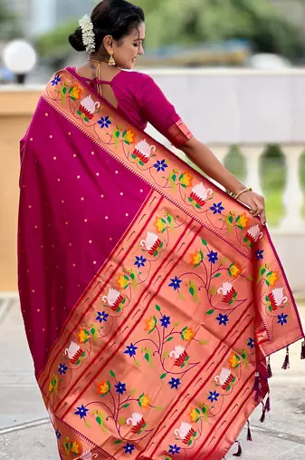 wine faux banarasi silk blend saree with paithani rich weaved pallu and blouse