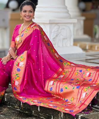 wine faux banarasi silk blend saree with paithani rich weaved pallu and blouse 5