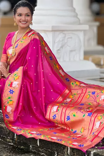 wine faux banarasi silk blend saree with paithani rich weaved pallu and blouse