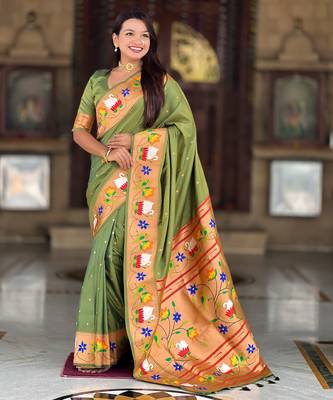 mahendi green faux banarasi silk blend saree with paithani rich weaved pallu and blouse 1