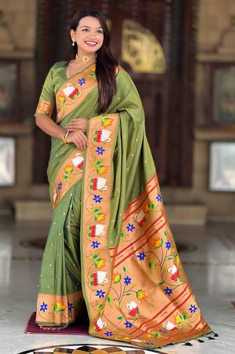 mahendi green  faux banarasi silk blend saree with paithani rich weaved pallu and blouse