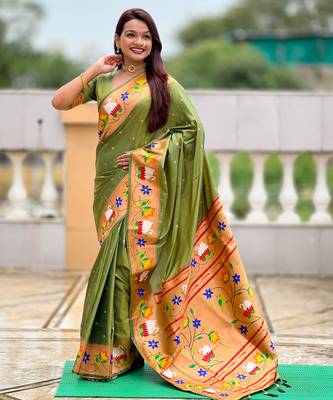 mahendi green faux banarasi silk blend saree with paithani rich weaved pallu and blouse 3