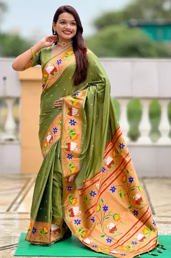 mahendi green faux banarasi silk blend saree with paithani rich weaved pallu and blouse