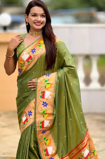 mahendi green faux banarasi silk blend saree with paithani rich weaved pallu and blouse