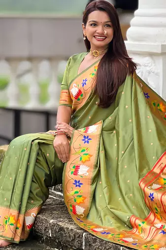 mahendi green faux banarasi silk blend saree with paithani rich weaved pallu and blouse