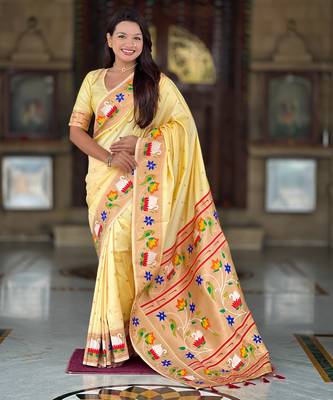 cream faux banarasi silk blend saree with paithani rich weaved pallu and blouse 1
