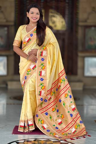 cream  faux banarasi silk blend saree with paithani rich weaved pallu and blouse